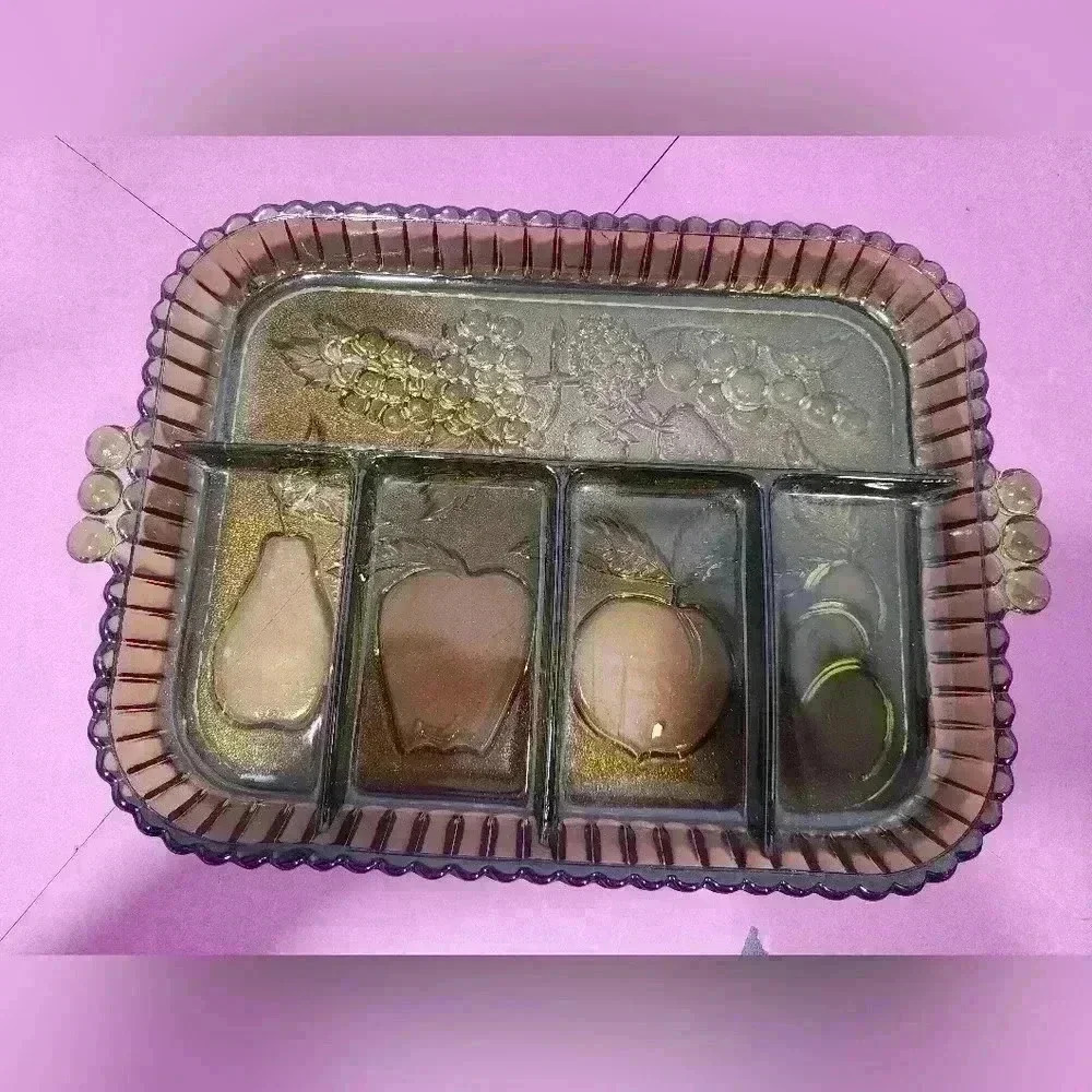 Vintage 1960s Indiana Glass Olive Green Divided Fruit Relish Serving Tray Dish